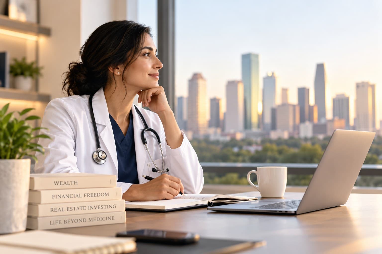 A physician at her desk looking out over the city skyline, thinking about life beyond medicine